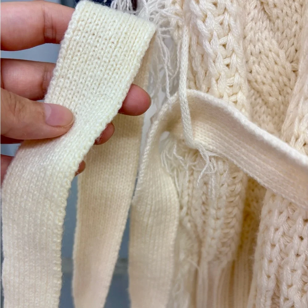 SAGE THE LABEL Fringed Cable-Knit Turtleneck Sweater in Ivory/Cream - SIZE M - Picture 15 of 16